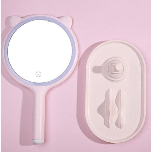 Handheld Led Double-sided Mirror 3 Color Electroless Plating Dimming Bright Desktop Round Vanity Cat Ears Double-Sided Mirror
