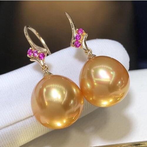 D613 Pearl Earrings Fine Jewelry Solid 18K Gold Almsot Round 10-11mm Nature Sea Water Golden Pearls Drop Dangle Earrings