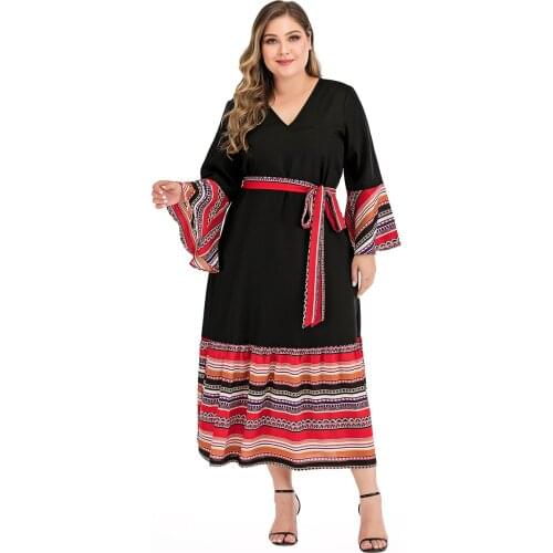 Vintage Dress Contrasting Plus Size Stitching V Neck Long Sleeve Calf Length Oversize Black Tie Casual Dress For Elegant Party