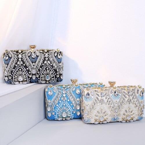 Handmade Crystal Beading Satin Evening Bag for Women Vintage Geometric Rhinestone Clutches Bag Wedding Bride Chain Messenger Bag