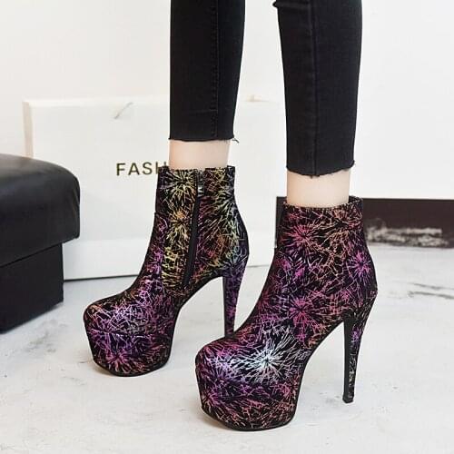 Sexy Thin Heels Lady Fall Boots Super High Heels Print Waterproof Platform Ankle Boots Brand Design Women Chic Night Club Shoes