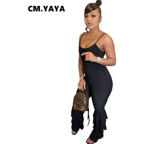 CM.YAYA Women Jumpsuit Solid Sleeveless Strap O-neck Ruffles Flare Jumpsuits Fashion One Piece Overalls Casual Outfit Summer
