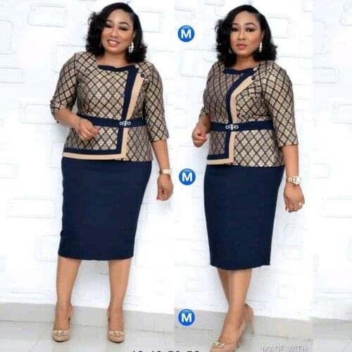 2021 Summer Pencil Skirt Retro Print Three-quarter Sleeves Office Ladies Printed Blouse + Solid Color Half Skirt Two-piece Suit