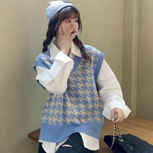 Houndstooth Sweater Vest Women V Neck Loose Pullover Knitted Sweater Oversized Ladies Short Autumn Spring Tops Femme Streetwear