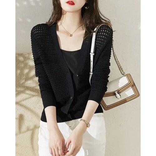 New Knitted Cardigan Tops Women 2021 Long Sleeve V Neck Single Breasted Black Hollow Out Pull Vintage Woman Sweater Sueter Mujer