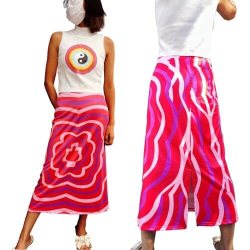 2021 New Women Summer Half Dress, Striped Print Side Split Straight High-Waist Slimming Long Skirt