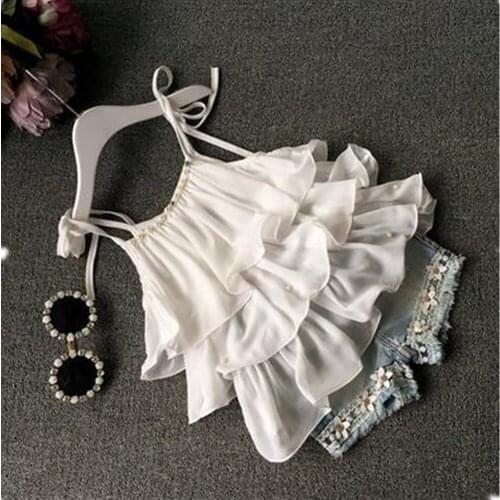 2021 2-7Y Summer Kids Baby Girl Clothing Fashion New White Solid Sleeveless Layered Pearls Chiffon Top Vest+Flower Denim Shorts