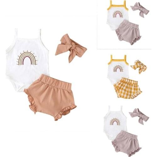 Newborn Baby Girls Summer Outfit Rainbow Sleeveless Camisole Bodysuit Romper and Ruffles Short Pants with Bowknot Headband 3 Set