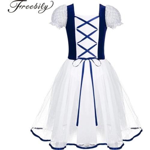 Kids Professional Ballet Costumes Teen Girls Velvet Mesh Lace Bubble Short Sleeves Ballet Dance Gymnastics Leotard Tutu Dress