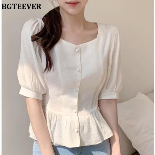 BGTEEVER Chic Square Collar Women Blouses Single-breasted Lace-up Ladies Tops Shirts Casual 2020 Summer Solid Blusas Mujer