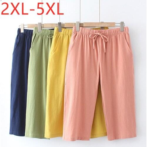 New 2021 Ladies Summer Plus Size Long Cropped Pants For Women Large Loose Casual Cotton Pink Belt Trousers 2XL 3XL 4XL 5XL