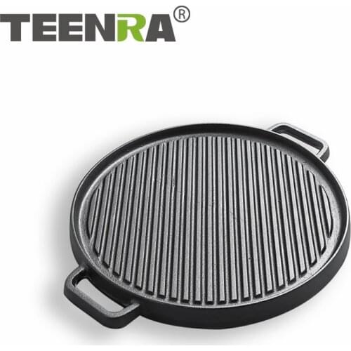TEENRA Cast Iron Frying Pan Non-stick BBQ Plate Thickened Uncoated Pan Double-sided Iron Pot Outdoor Cooking Tools