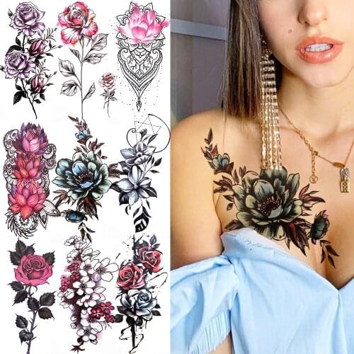 Sexy Peony Lily Lotus Daisy Temporary Tattoo For Women Girl Black Fake Jewelry Chains Tattoo Sticker Geometry Watercolor Tatoos
