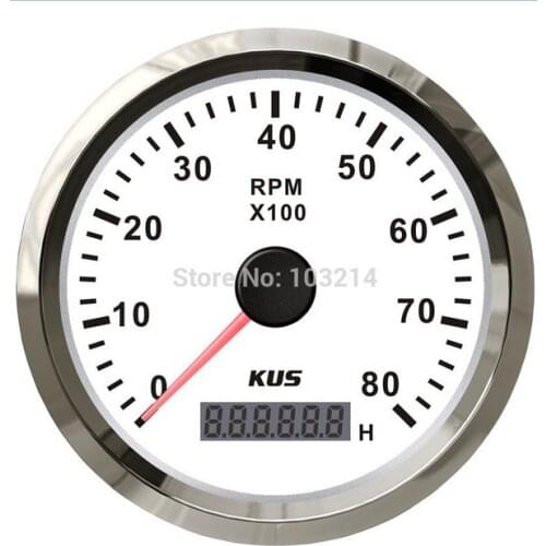Best price!!! KUS 85mm Tachometer gauge tacho white faceplate stainless steel bezel boat car tachometer 0-8000rpm for gas engine