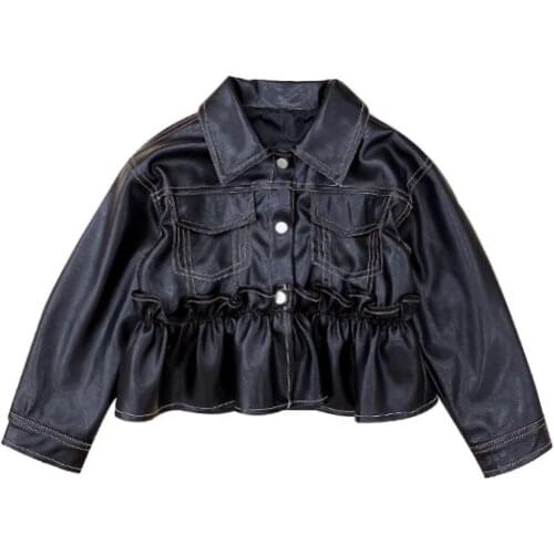 2021 autumn Korean girls' sweet fungus edge leather clothes childrens lace jacket kid coat