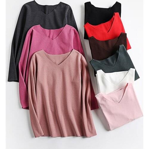 Autumn Winter T Shirts Women Solid V-Neck Thick Warm T Shirt For Women Slim Long Sleeve Tee Shirt Femme Casual Ladies Tops C6503