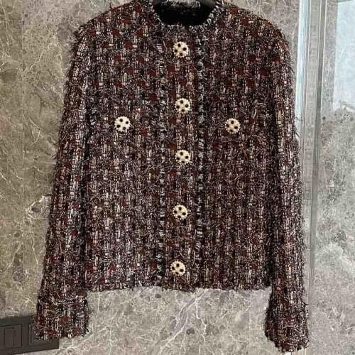 Tweed Jacket 2021 Womens Early Spring O-neck Rhinestone Gold Single-breasted Short Coat Mesh Lining Elegant Outwear