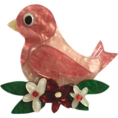 Vintage Acrylic Pink Bird Brooch Pin Birds With Flower For Women Man Brooches Jewelry