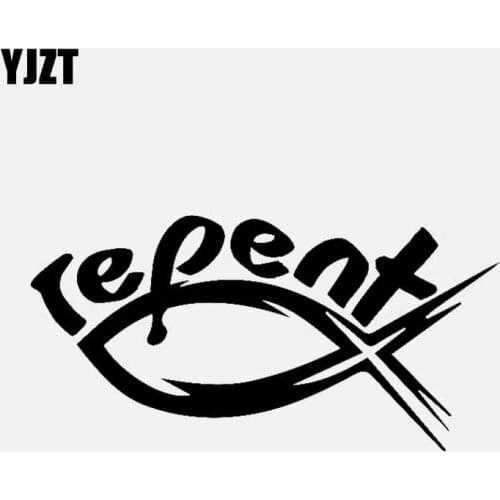 YJZT 13.1CM*6.7CM Religion Repent Fish Faith Christian Jesus Catholic Vinyl Decal Car Sticker Black/Silver C3-1372