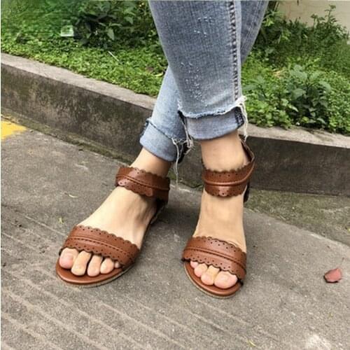 2021 New Europe America Style Women Summer Sandals Flats Heel Slip-on Sandals Fashion Peep Toe Outdoor Beach Casual Shoes 34-43