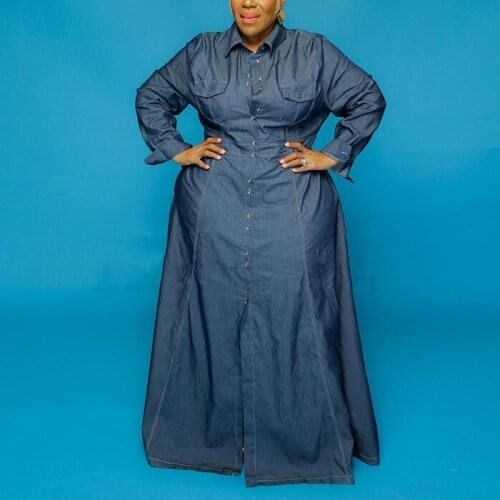 Jeans Dress For Women 2020 Plus Size 4xl 5xl Floor Length Single Breasted Long Sleeve Elegant For Evening Party Dinner Vestidos