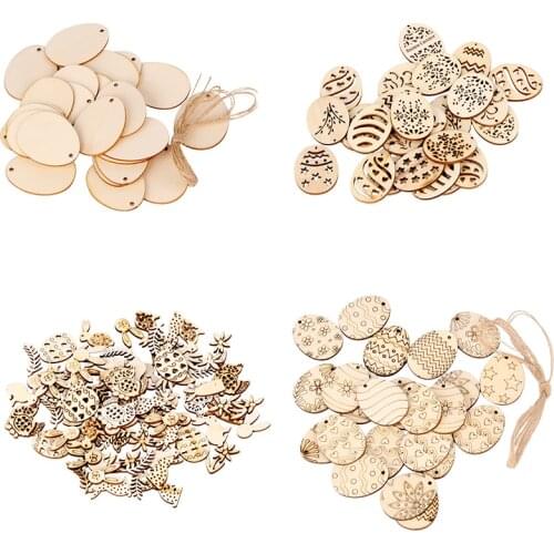 25/50pcsHappy Easter Eggs Shape Wooden Craft Easter Decorations DIY Graffiti Wood Chips Hanging Ornaments Party Decor