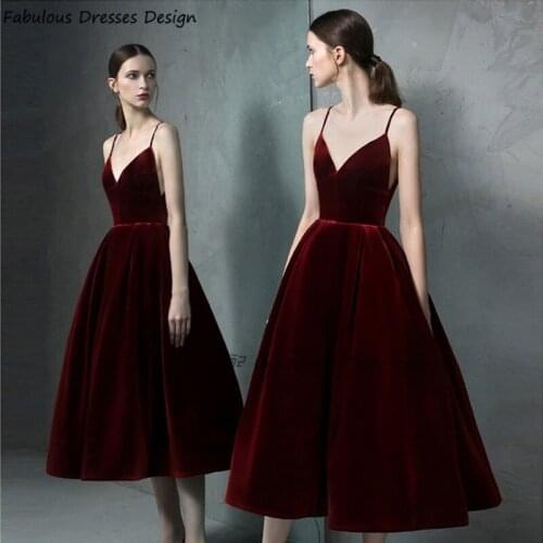 2021 Satin A Line Short Prom Dresses Burgundy Sexy V-neck Spaghetti Strap Tea Length Wedding Party Dress For Women