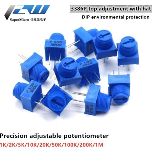 3386P-1-103 10K 1k 2k 5k 10k 20k.0.5W, 1/2W pin PC through adjustment hole potentiometer Cermet 1 Top turn adjustment 5pcs/lot