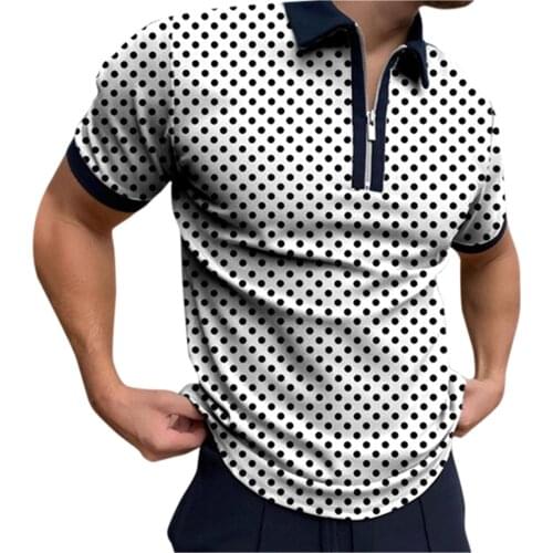 40# Polka Dot Print Polos Mens T-shirt Zipper Turn-down Collar Short Sleeve Casual Mens Clothing Muscle Slim Oversized T-shirt