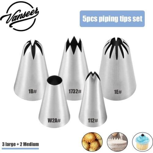 5pcs Large Pastry Nozzles Tips Icing Piping Stainless Steel Seamless Russian Nozzles Cookies Cupcake Cake Decorating Tools