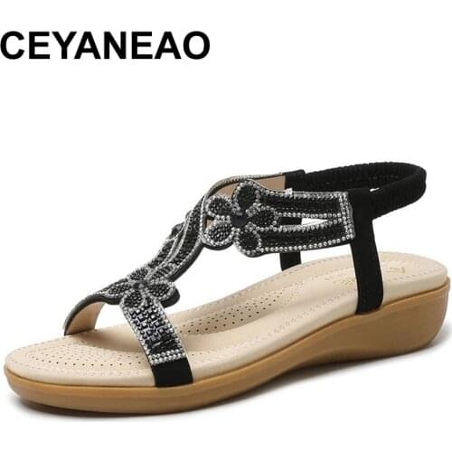 CEYANEAO Glitter Slides Beach Shoes Ladies' Slippers On A Wedge Platform Big Size Low Jelly Sabot Soft Casual PU Fabric Crystal