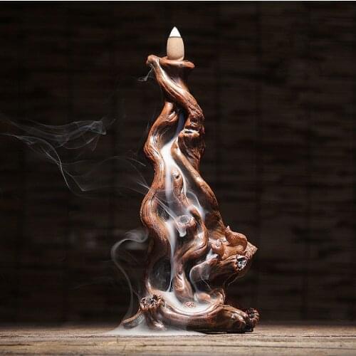 F Waterfall Backflow Incense Burner Wooden Root Carving Incense Bowl Sandalwood Incense Zen Decor Home Buddhist Supplies