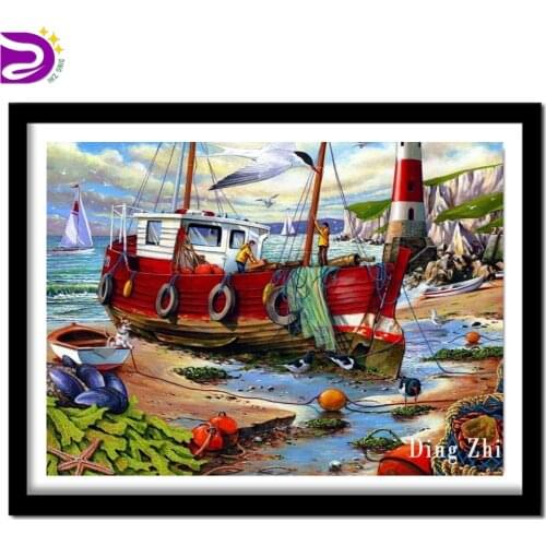 American Wall Landscape Painting Full Square 5D Diy Diamond Painting Boat Seagull Picture Of Rhinestones Embroidery Home Decor