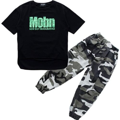 Girls Boys Ballroom Costumes Leisure T Shirt Loose Camouflage Pants Kids Hip Hop Show Dance Clothes Jazz Stage Costume Dancewear
