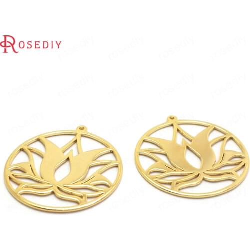 37022)6PCS 27x25MM 24K Gold Color Brass Round Lotus Charms Pendants High Quality Findings Accessories Jewelry Making Supplies
