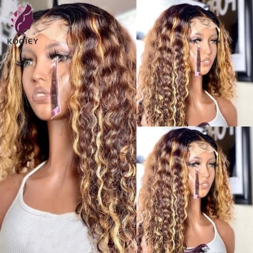 Highlight T Part Lace Wigs Brown Blonde Water Wave Lace Front Human Hair Wigs Brazilian Remy Human Hair Wig With Baby Hair