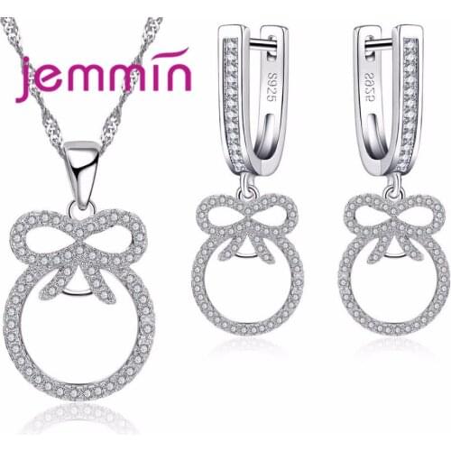 Simple Women Bowknot Statement Necklaces Earrings Set For Party Birthday 925 Sterling Silver Jewellery Sets For Ladies