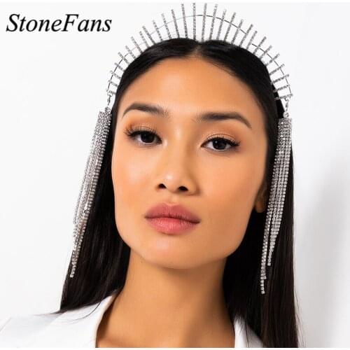 Stonefans Luxury Long Tassel Rhinestone Crown Tiara Bridal Headband for Girls Head Chain Headwear Hair Accessories Head Ornament