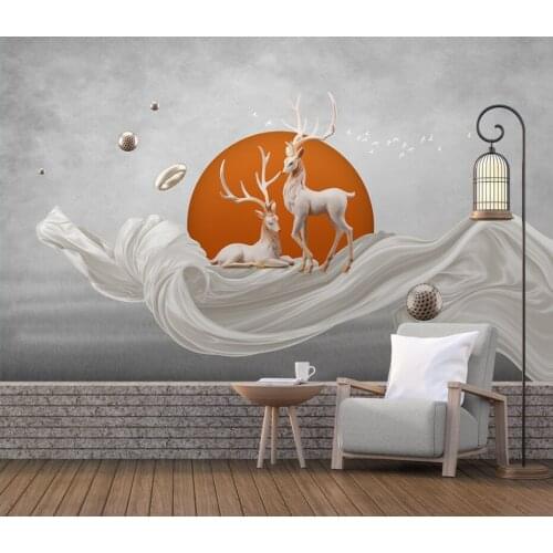 Modern custom photo new Chinese style abstract golden ribbon elk ink painting large mural interior decoration wallpapers