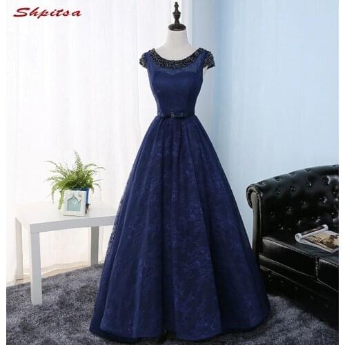 Navy Blue Lace Prom Dresses Long Beaded Women Prom Evening Party Dresses for Graduation Gowns vestidos de formatura