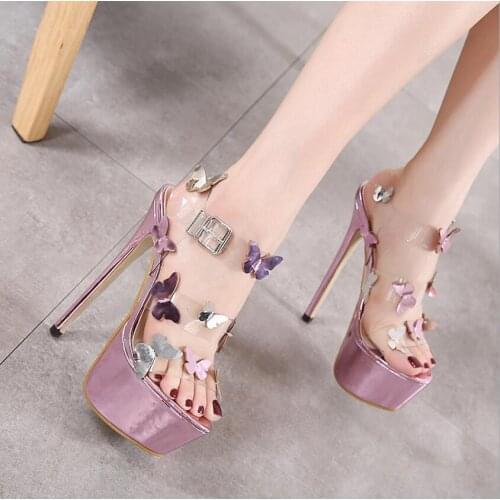 New High Heels Women Pumps Butterfly flying buckle transparent Sandals Shoes Woman Ladies Peep Toe High Heels Dress Party Shoes
