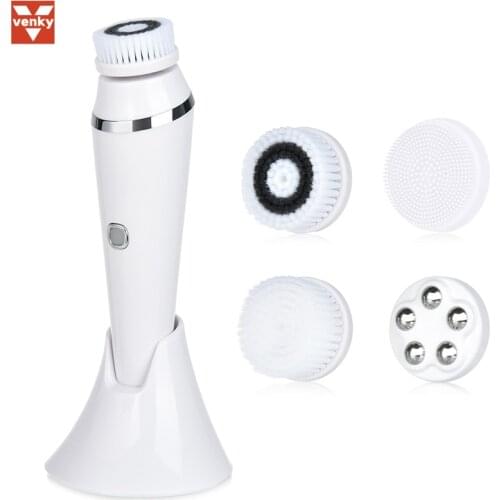 VENKY 4 in 1 Silicone Facial Cleansing Brush Face Pore Cleaner Skin Care 4 Heads Sonic Facial Massager Home Spa Beauty Machine
