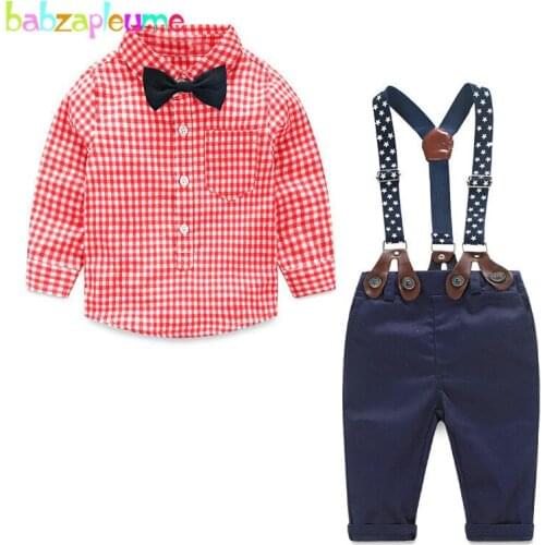 Spring autumn newborn baby boys clothes sets 1st birthday outfits plaid shirt+pants Overalls kids infant clothing 2 piece BC1155
