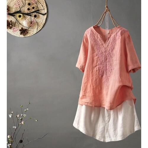 Vintage Flower Embroidery Solid Women Blouse 2021 Summer New V-neck Short-sleeved Loose Lady Elegant Pulls Tops