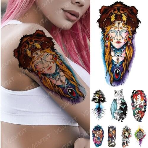 Waterproof Temporary Tattoo Sticker Old School Wolf Beast Blonde Beauty Flash Tattoos Tree Body Art Arm Fake Tatoo Women Men