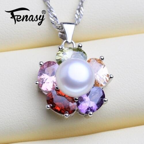 FENASY Pearl Jewelry New 925 Sterling Silver Bohemian Colorful Flower Pendant Genuine natural Pearl Necklace For Women