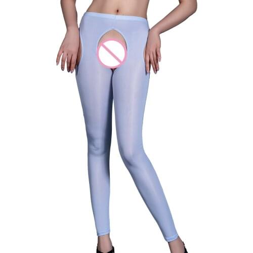 Women Low Rise Stretchy Crotchless Leggings Glossy Hallow Out Leotard Long Pants Sissy Party Clubwear Thin Sheer Sexy Trousers
