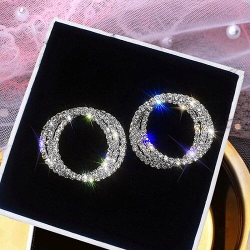 Fashion Silver Color Big Circle Stud Earrings Bling Iced Out CZ Stone Ear Stud For Women Wedding Party Delicate Jewelry K5C318