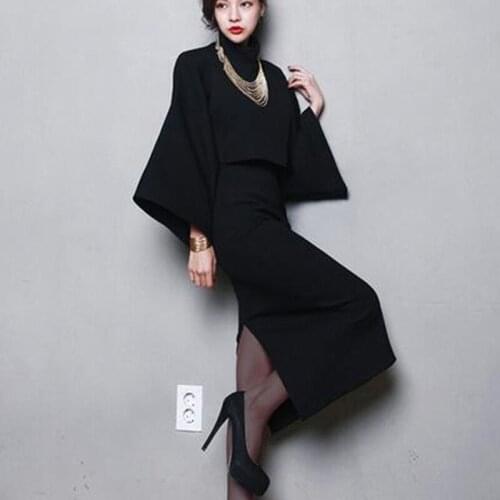 New arrival winter women Batwing Sleeve Blended wool tops +2 piece High waist Skirt Sets Free necklace