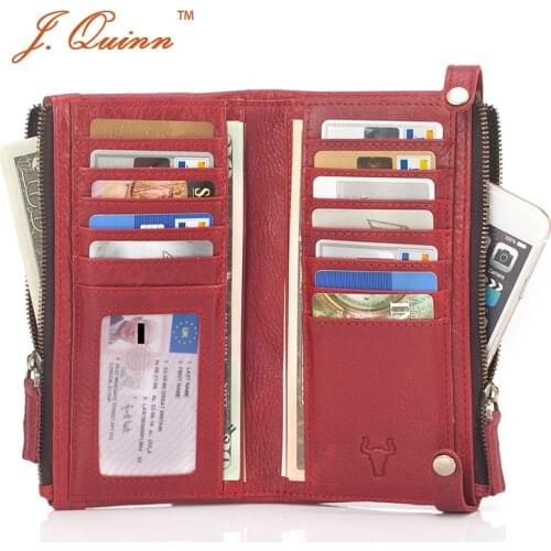 J.Quinn Womens Wallets Genuine Leather Zipper Red Women Wallet Calfskin Female Purse Luxury Brand Long Cow Ladies Purses Bifold